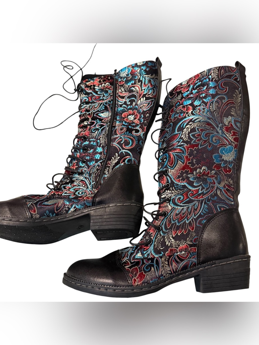 Embroidered Boots ~ Lace-Up ~ Knee Length ~ Zipper on Inside of Leg ~ Floral - Picture 7 of 12